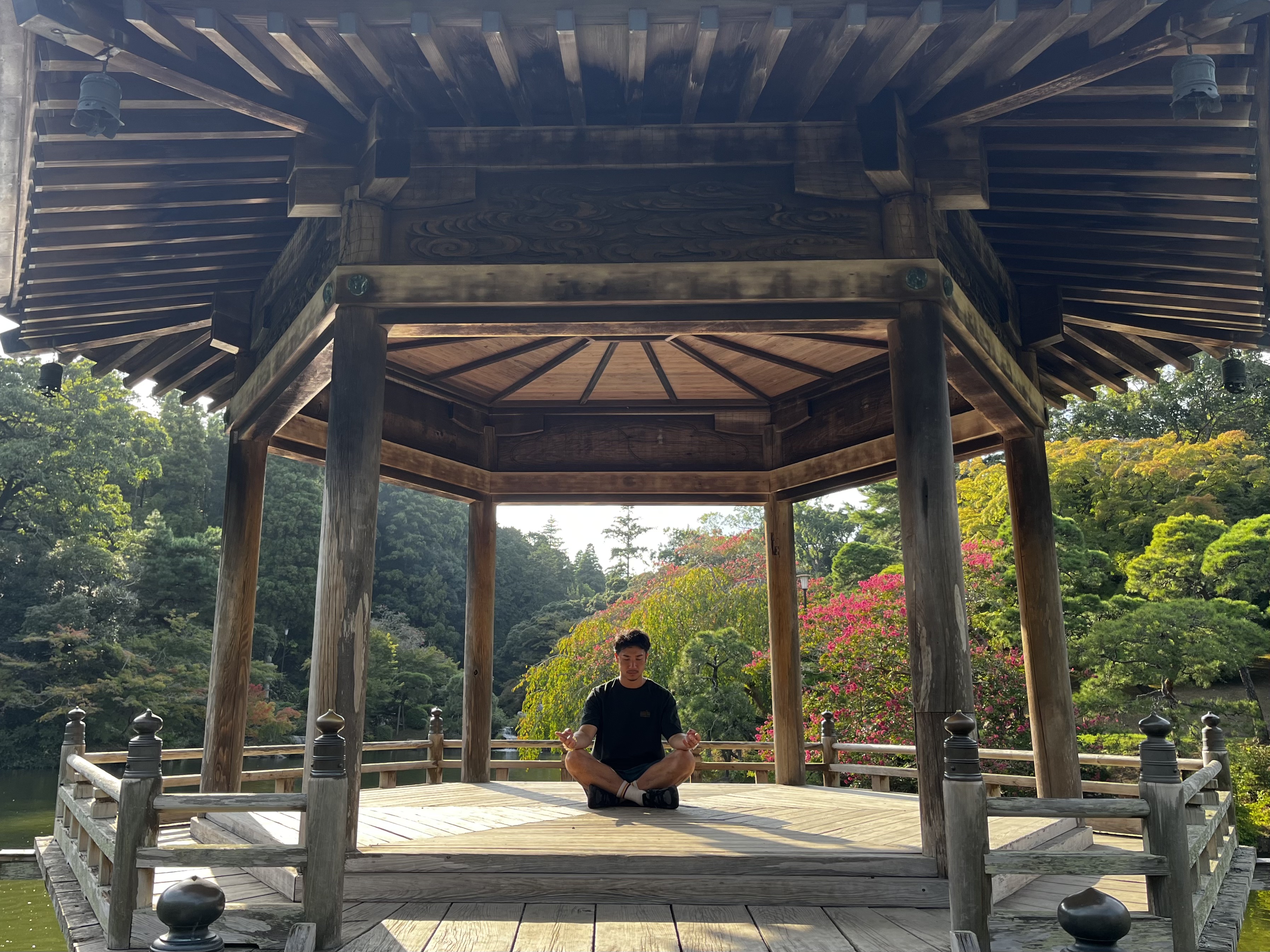 Meditation in Japanese garden pavilion